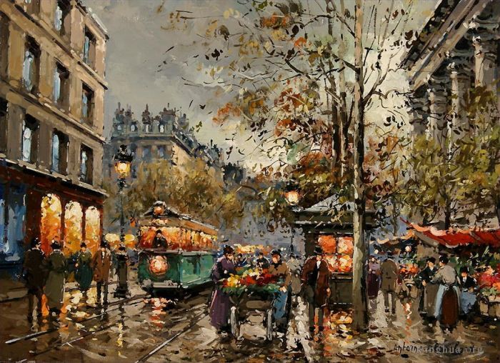 Antoine Blanchard Oil Painting - Place de la madeleine marche aux fleurs