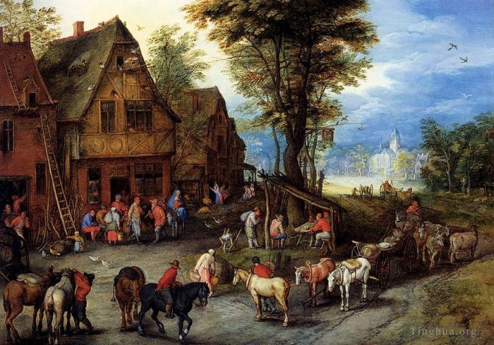 Antoine Watteau Oil Painting - Breughel Jan A Village Street With The Holy Family Arriving At An Inn