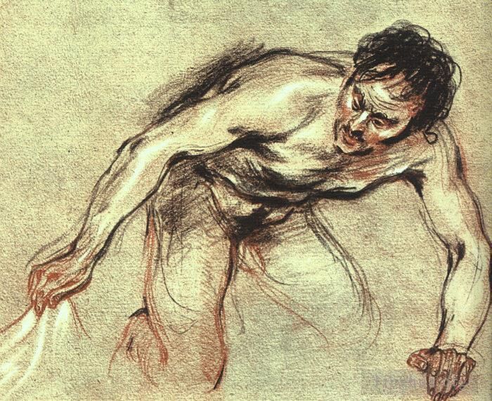Antoine Watteau Oil Painting - Kneeling Male Nude