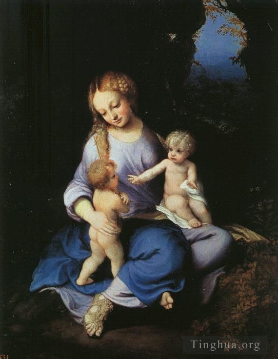 Antonio da Correggio Oil Painting - Madonna And Child With The Young Saint John