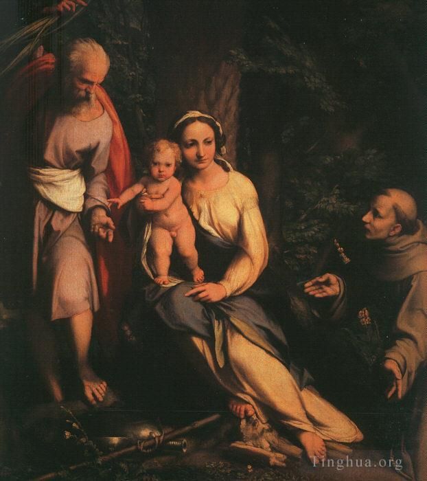 Antonio da Correggio Oil Painting - The Rest On The Flight To Egypt With Saint Francis