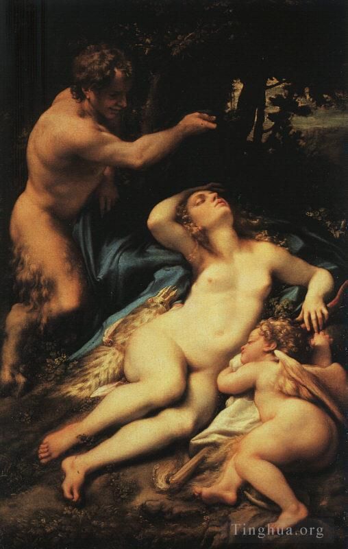 Antonio da Correggio Oil Painting - Venus And Cupid With A Satyr