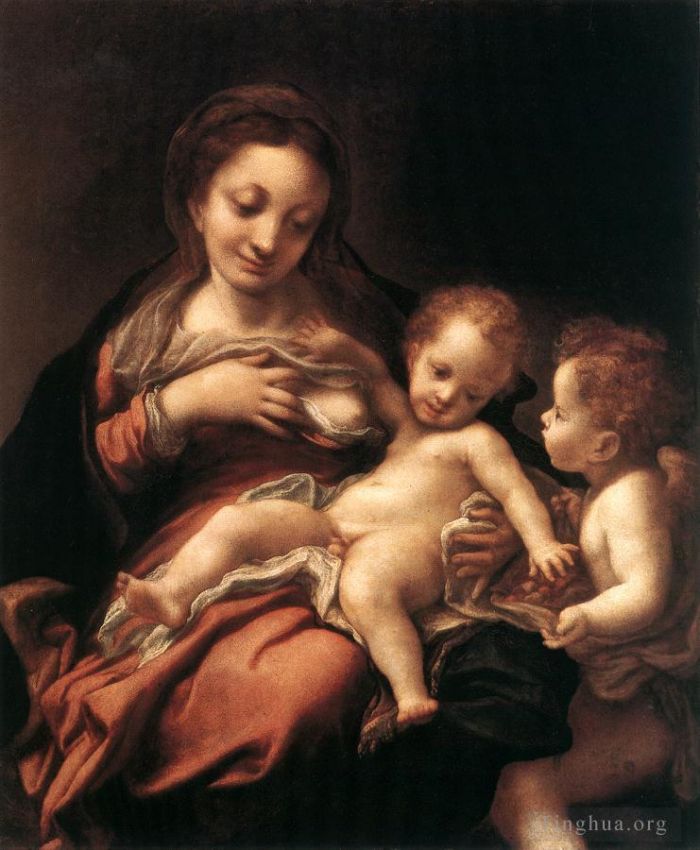 Antonio da Correggio Oil Painting - Virgin And Child With An Angel