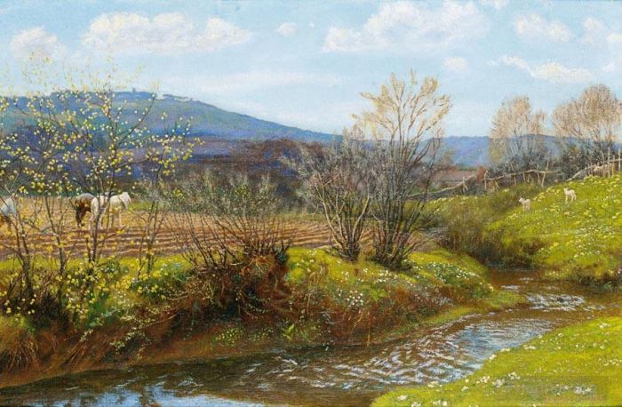 Arthur Hughes Oil Painting - A Spring Afternoon scenery Arthur Hughes