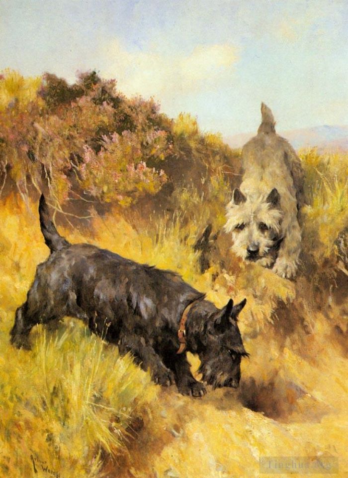 Arthur Wardle Oil Painting - Two Scotties In A Landscape