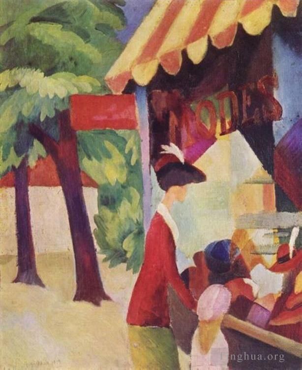 August Macke Oil Painting - A Woman With Red Jacket And Child Before The Hat Store