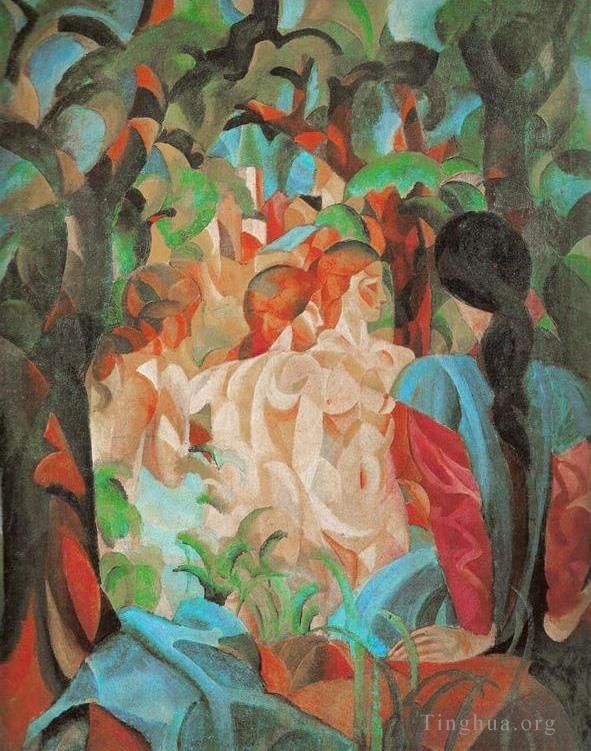 August Macke Oil Painting - Bathing Girls with Town in the Background Badende Madchenm it St adtim
