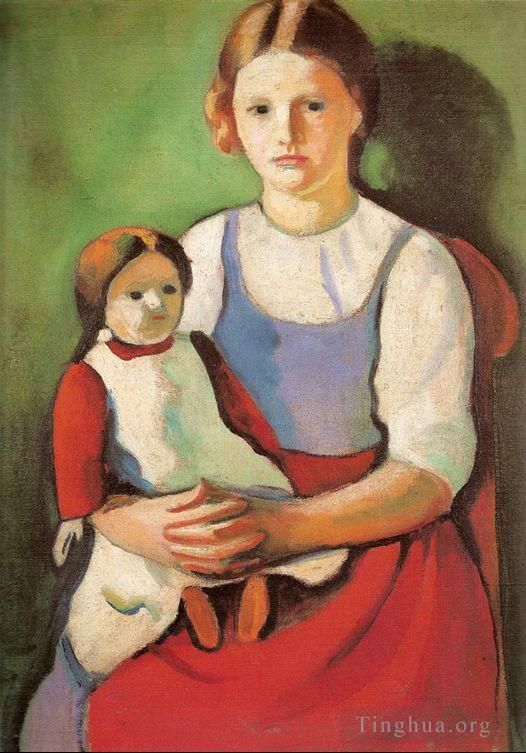 August Macke Oil Painting - Blond Girl with Doll Blondes Madchenm it Puppe