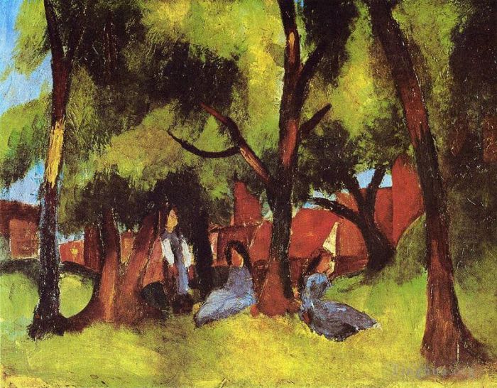 August Macke Oil Painting - Children under Trees in Sun
