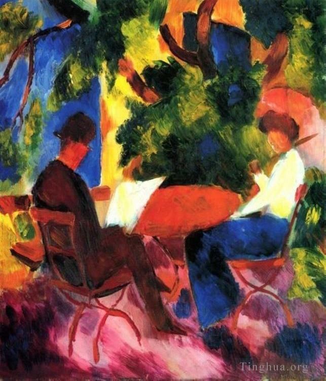 August Macke Oil Painting - Couple At The Garden Table