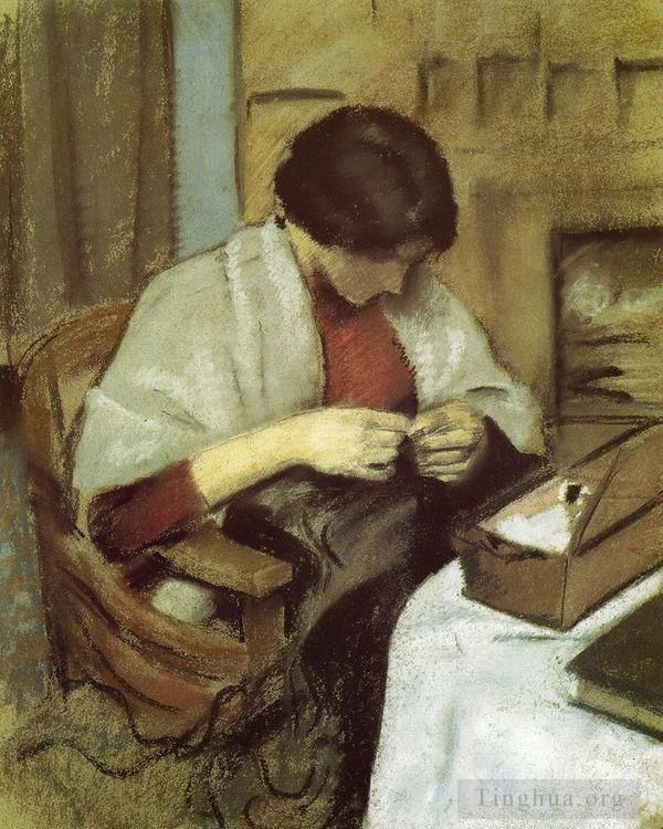 August Macke Oil Painting - Elisabeth Gerhardt Sewing Elisabeth Gerhardt Nahend