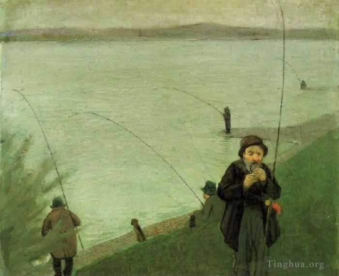 August Macke Oil Painting - Fishing At The Rhine