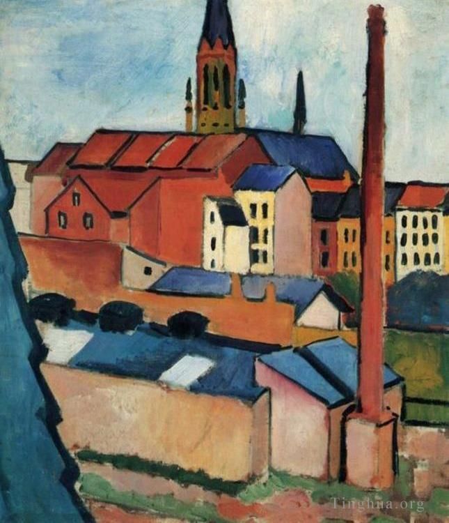August Macke Oil Painting - Houses With A Chimney