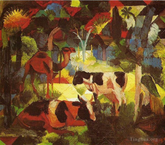 August Macke Oil Painting - Landscape With Cows And Camel