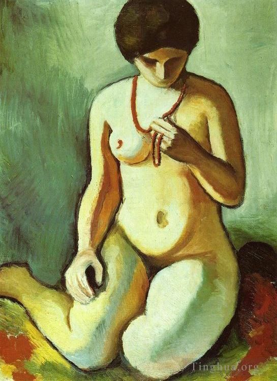 August Macke Oil Painting - Nude with Coral Necklace Aktmit Korallen kette
