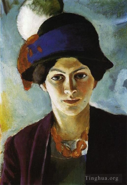 August Macke Oil Painting - Portrait of the Artists wife Elisabeth with a Hat Fraudes Kunstlersmi