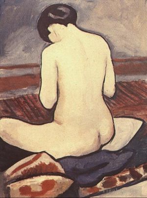 Artist August Macke's Work - Sitting Nude with Cushions Sitzender Aktmit Kissen