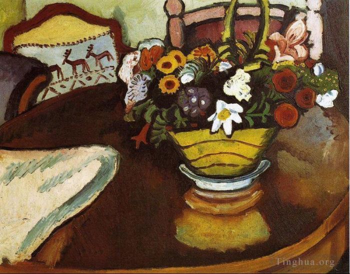 August Macke Oil Painting - Still Life with Stag Cushion and Flowers