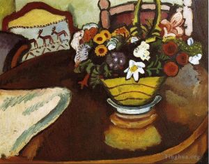 Artist August Macke's Work - Still Life with Stag Cushion and Flowers