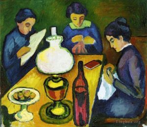 Artist August Macke's Work - Three Women at the Table by the Lamp