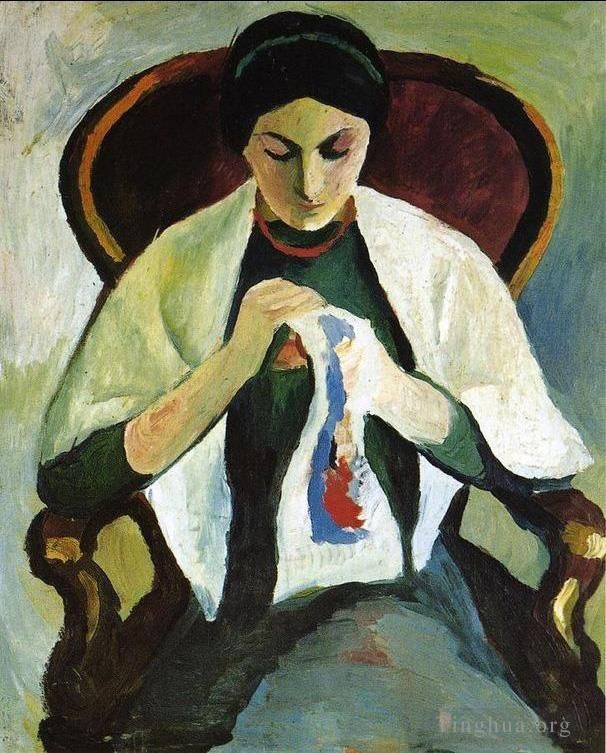 August Macke Oil Painting - Woman Embroidering in an Armchair Portrait of the Artists Wife