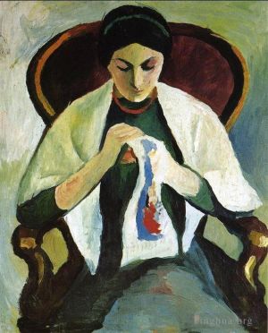 Artist August Macke's Work - Woman Embroidering in an Armchair Portrait of the Artists Wife