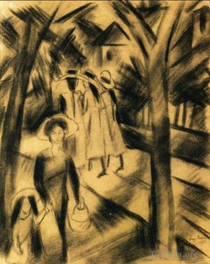 Artist August Macke's Work - Woman with Child and Girls on a Road