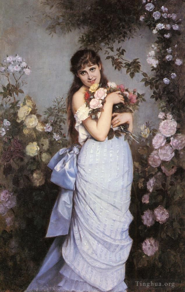 Auguste Toulmouche Oil Painting - A Young Woman In A Rose Garden
