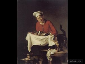 Antique Oil Painting - A Boy with dogs and Kittens
