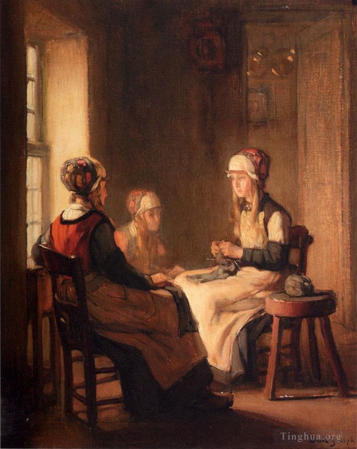 Bail Claude Joseph Oil Painting - A Interior With Marken Girls Knitting