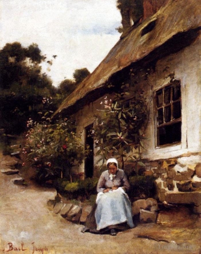 Bail Claude Joseph Oil Painting - Woman Sewing In Front Of Her Cottage