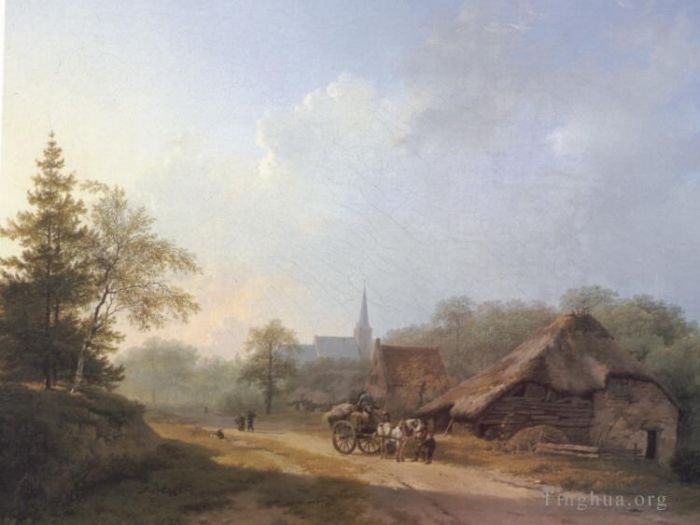 Barend Cornelis Koekkoek Oil Painting - A Cart on a Country Road in Summertime