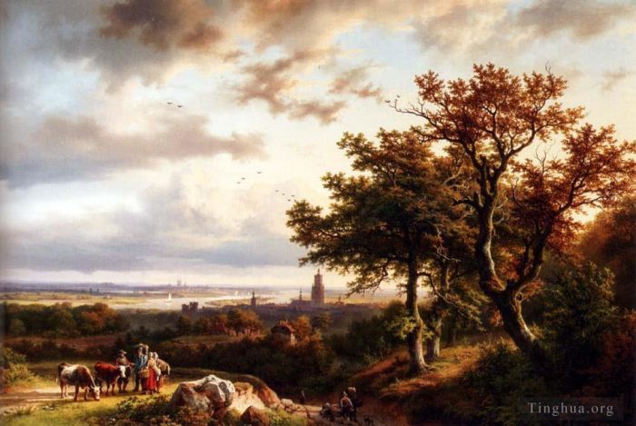 Barend Cornelis Koekkoek Oil Painting - A Panoramic Rhenish Landscape With Peasants Conversing On A Track