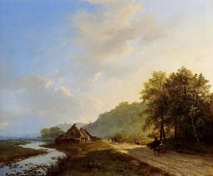 Barend Cornelis Koekkoek Oil Painting - A Summer Landscape With Travellers On A Path