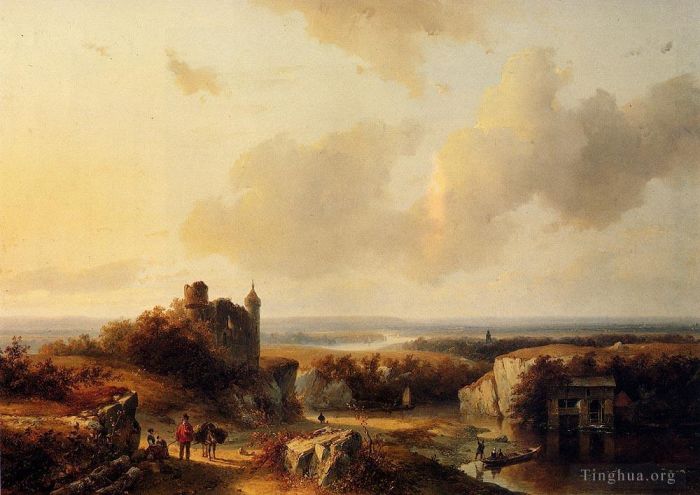 Barend Cornelis Koekkoek Oil Painting - An Extensive River Landscape With Travellers