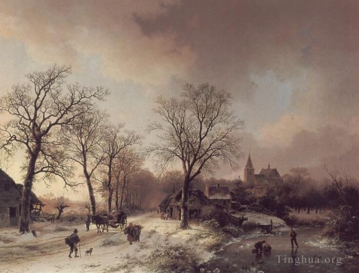 Barend Cornelis Koekkoek Oil Painting - Figures in a Winter Landscape