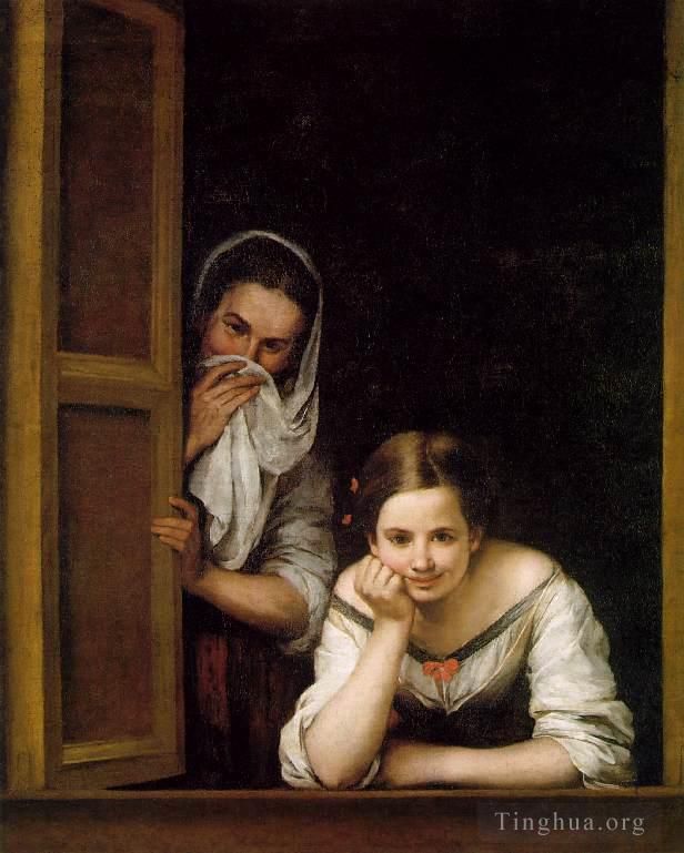 Bartolome Esteban Murillo Oil Painting - Two Women at a Window