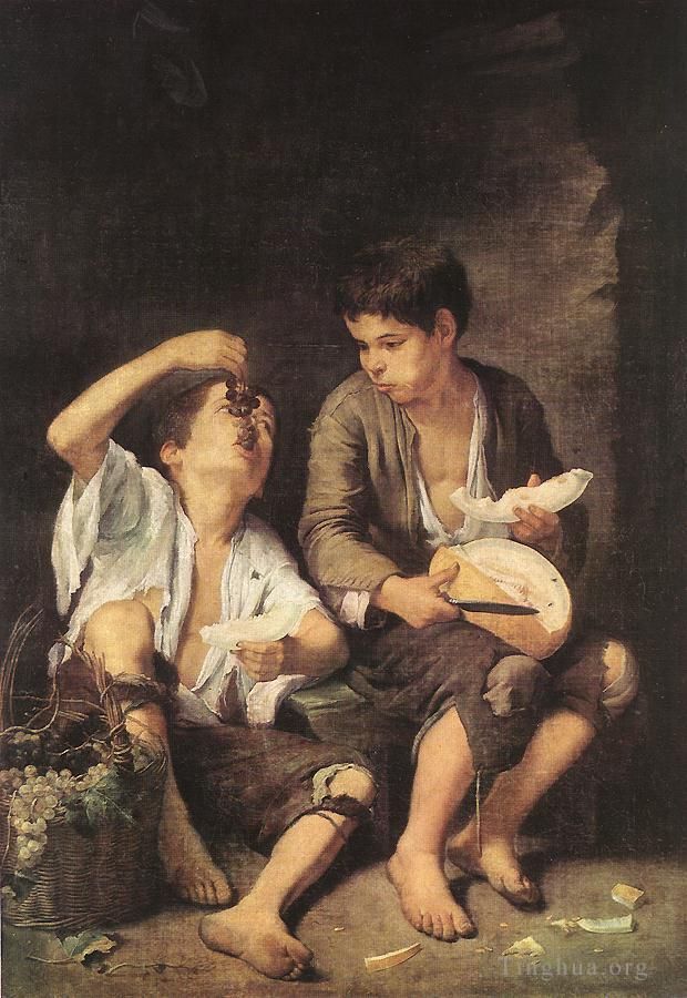 Bartolome Esteban Murillo Oil Painting - Boys Eating Fruit Grape and Melon Eaters