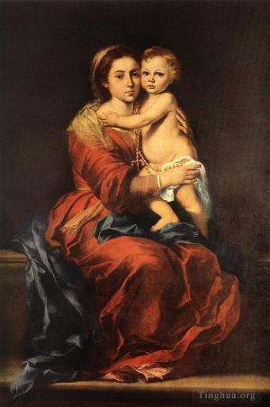 Antique Oil Painting - Virgin and Child with a Rosary