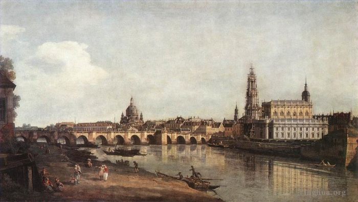 Bernardo Bellotto Oil Painting - View Of Dresden From The Right bank Of The Elbe With The Augustus Bridge