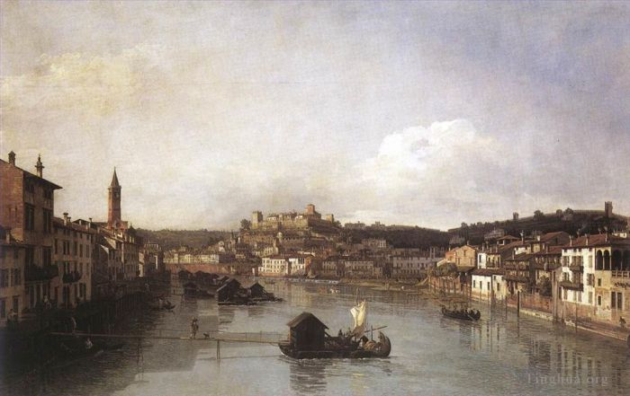 Bernardo Bellotto Oil Painting - View Of Verona And The River Adige From The Ponte Nuovo