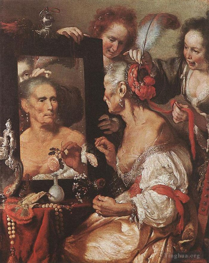 Bernardo Strozzi Oil Painting - Old Woman At The Mirror