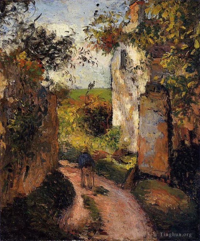 Camille Pissarro Oil Painting - A peasant in the lane at hermitage pontoise 1876