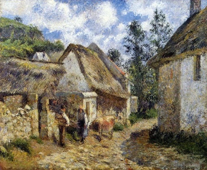 Camille Pissarro Oil Painting - A street in auvers thatched cottage and cow 1880