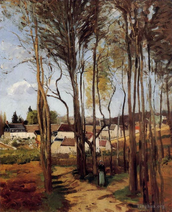 Camille Pissarro Oil Painting - A village through the trees