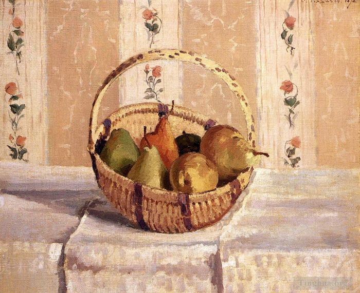Camille Pissarro Oil Painting - Still Life Apples and Pears in a Round Basket