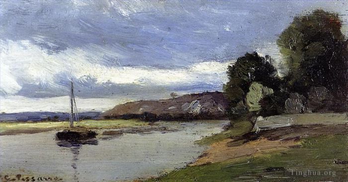 Camille Pissarro Oil Painting - Banks of a river with barge