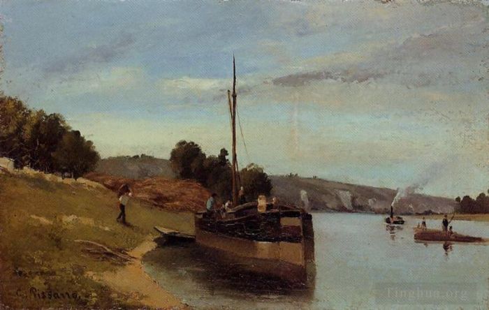 Camille Pissarro Oil Painting - Barges at le roche guyon 1865