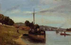 Artist Camille Pissarro's Work - Barges at le roche guyon 1865