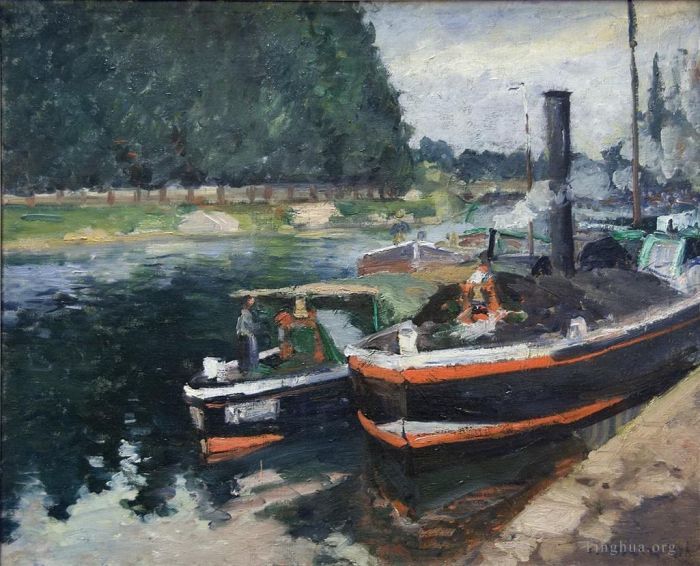 Camille Pissarro Oil Painting - Barges on pontoise 1872